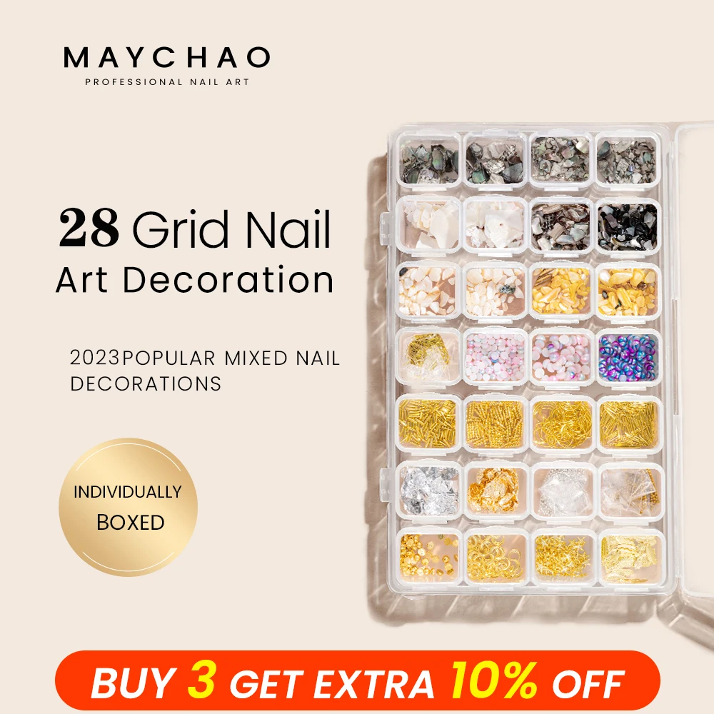 

MAYCHAO 28Gird/Box Multi Size Colorful Gold Silver Flat Bottom Mixed Crystal Diamond Gems 3D Glitter Nail Art Decorations Decal