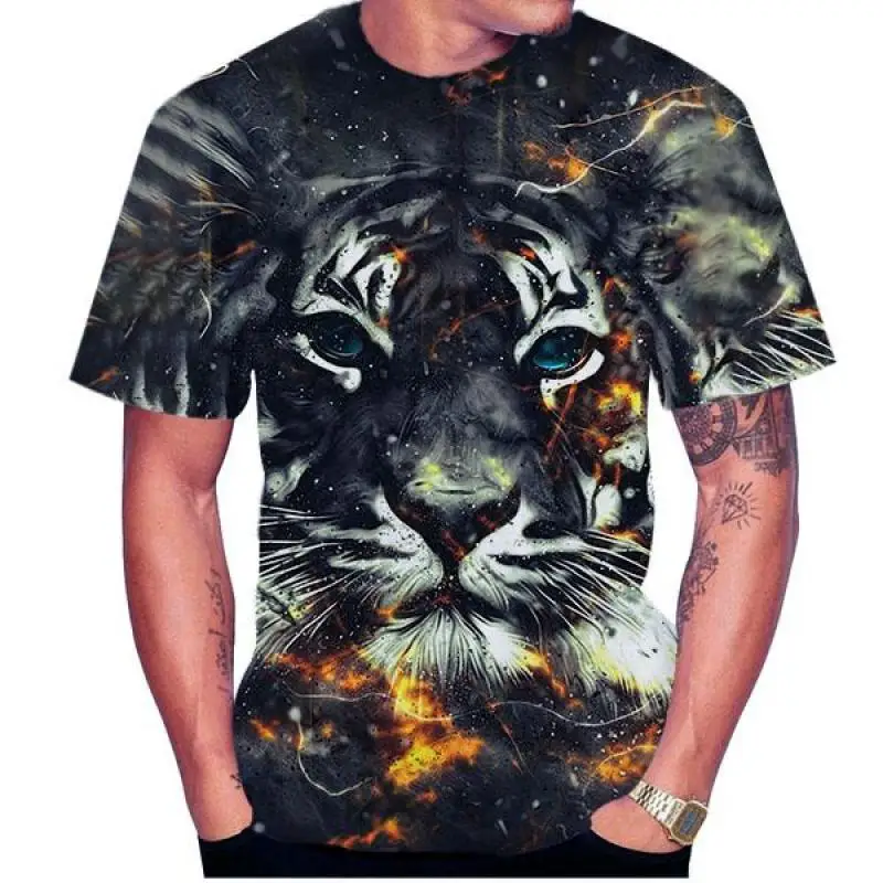 

Summer Fashion Popular Men's 3D Tiger Printed Animal Pattern Short Sleeve Soft Top Tee Round Collar T Shirt