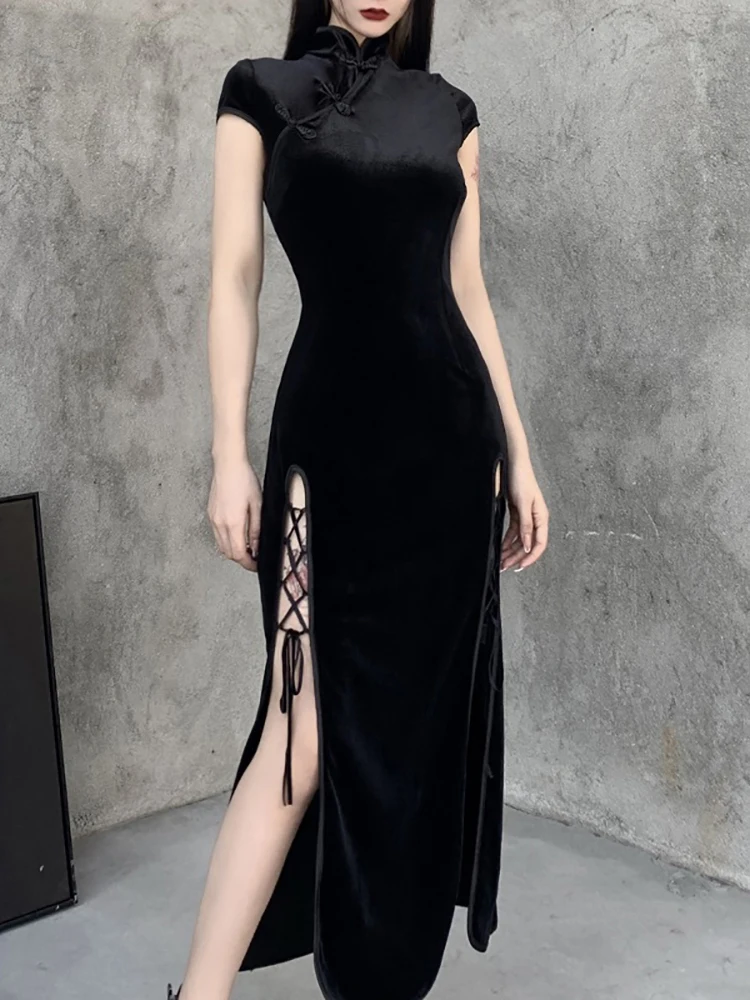 Gothic Velvet Aesthetic Dresses Vintage Women Black Bandage Slit Hem Bodycon Dress Sexy Evening Wear Cheongsam Vestido de Mujer