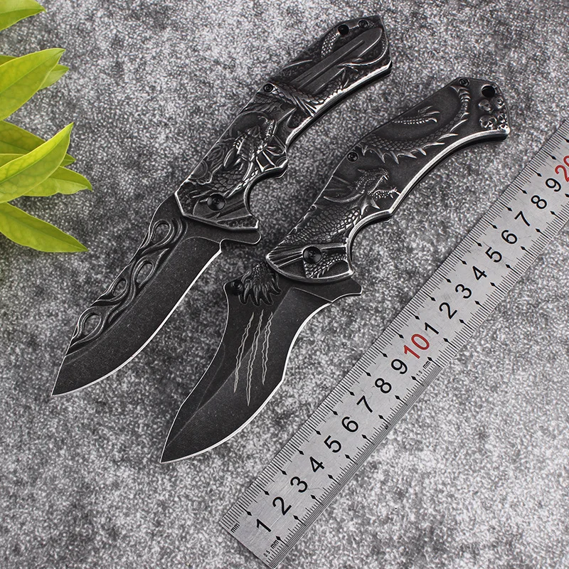 

3CR Stainles Steel Dragon 3D Relief Camping Tactical Folding Blade Sharp Hunting Knife High Hardness Self Defense Survival Knife