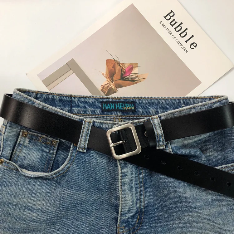 New Square Button Women's Genuine Leather Belt Simplified Korean Fashion Casual Jeans Cowhide 3.2 Wide Belt