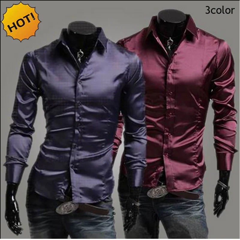 Hot 2022 Spring Autumn Emulation Silk Shiny Leisure Men's Long-sleeve Dress Shirts Mens Silky Wine Red/purple/black Tuxedo Shirt