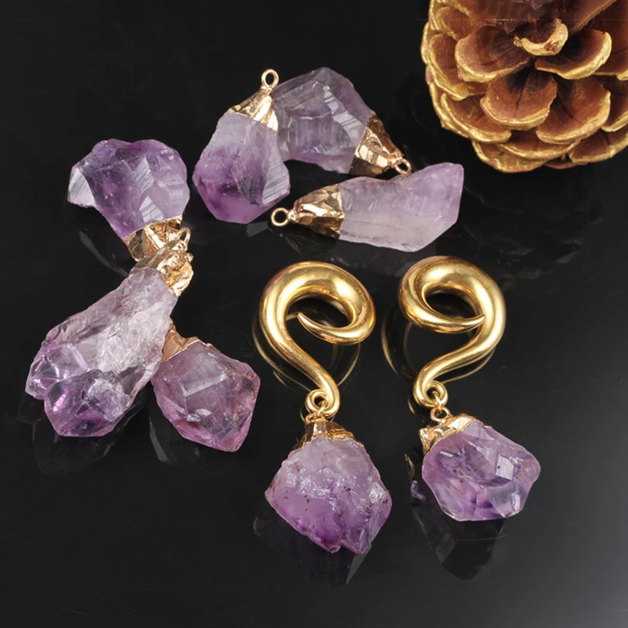 Doearko 2PCS Amethyst Stone Dangle Hook Ear Weight Hangers 316 Stainless Steel Ear Plugs Gauges Women Body Piercing Jewelry