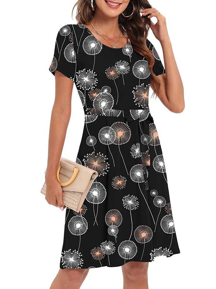 

Casual Short Sleeve Midi Dress Women Summer 2022 Fashion Women's Floral Print Lace Up O Neck Slim Elegant Dresses Robe Femme