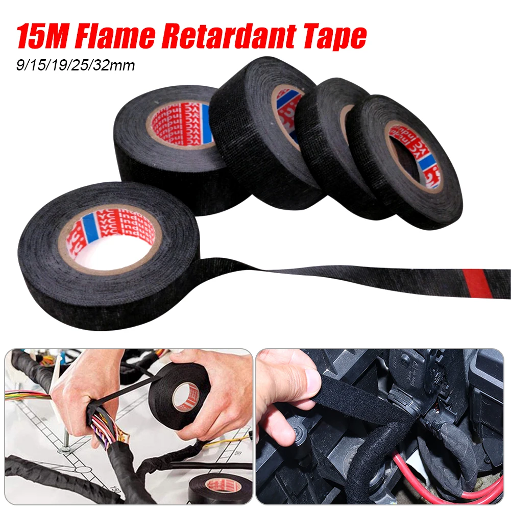 

15M 9/15/19/25MM Heat-resistant Adhesive Cloth Fabric Tape For Automotive Cable Tape Harness Wiring Loom Electrical Heat Tape