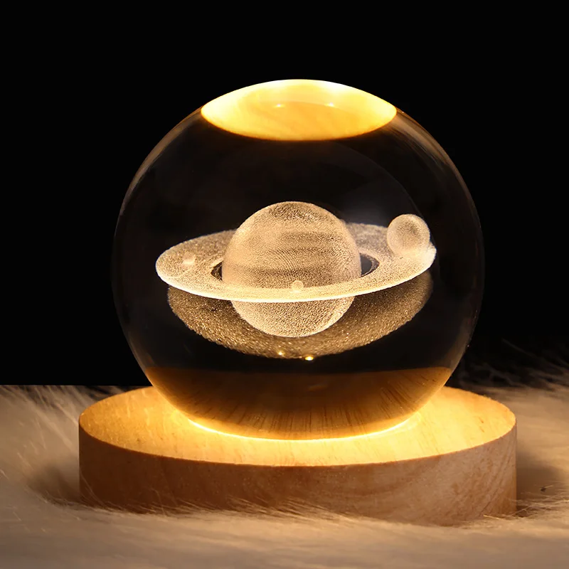 6cm Crystal Ball Night Lights With Base LED Table Lamp Glowing Planetary Galaxy USB Power Warm Bedside Light Christmas Kid Gift