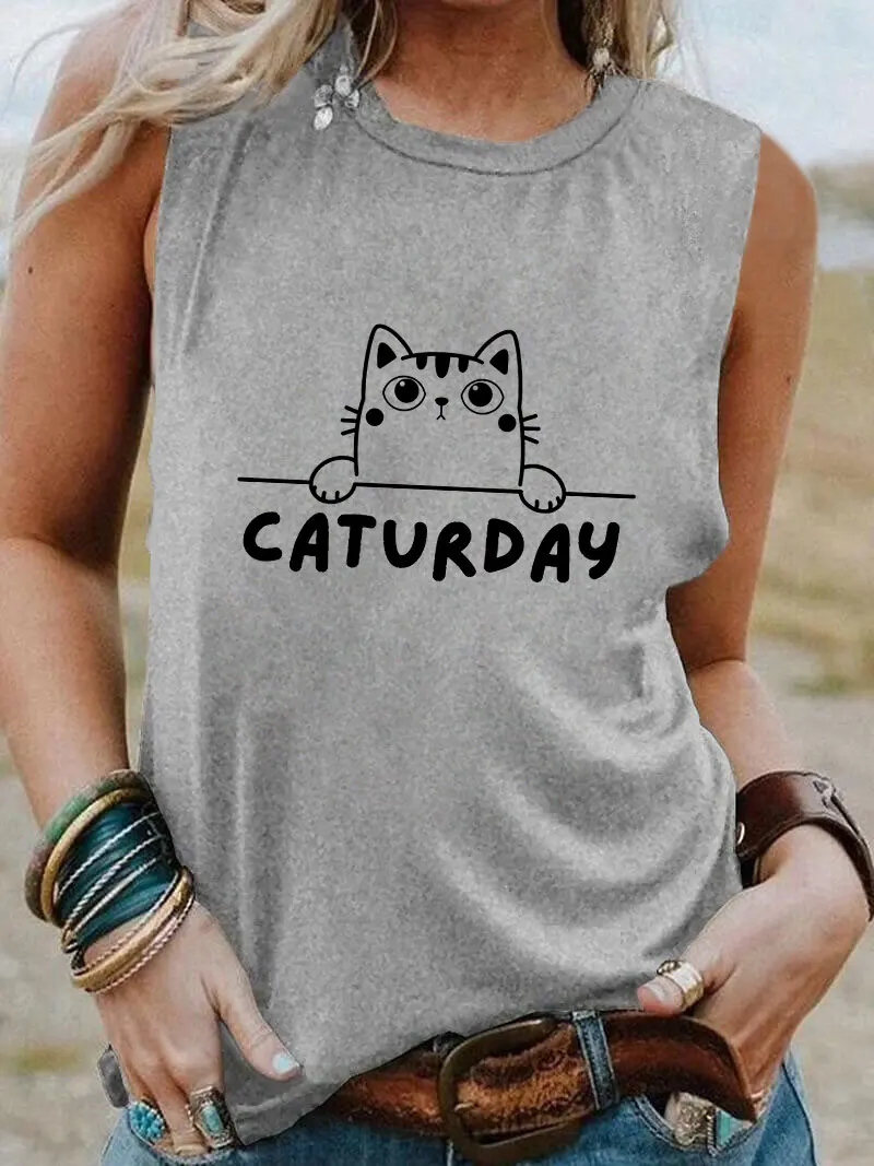

Новое поступление, летняя повседневная футболка без рукавов с принтом милого кота, летняя футболка без рукавов для любителей домашних животных, подарок для нее