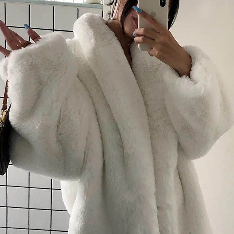 

White Fur Jacket Winter Oversized Thick Warm White Fluffy Faux Fur Coat Women Loose Casual Stylish Korean Fashion Streetwear