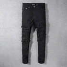 Джинсы мужские рваные в складку, модные брендовые брюки в байкерском стиле, рваные джинсы в стиле Хай-стрит, Стрейчевые брюки в стиле пэчворк, черные