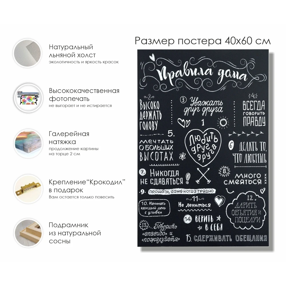 Постер на натуральном холсте &quotПравила нашего дома&quot 40х60 см / Правила дома -