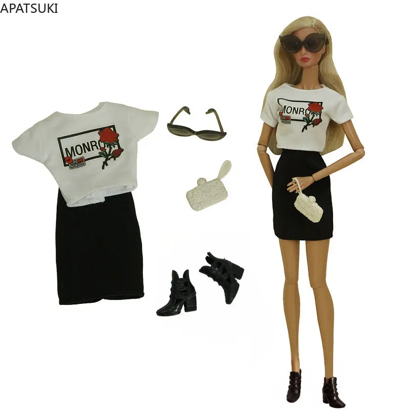 Rose Flower Outfits For Barbie Doll Clothes Set For Barbie T-shirt Black Skirt Shoes Glasses Handbag Purse 1/6 Dolls Accessories