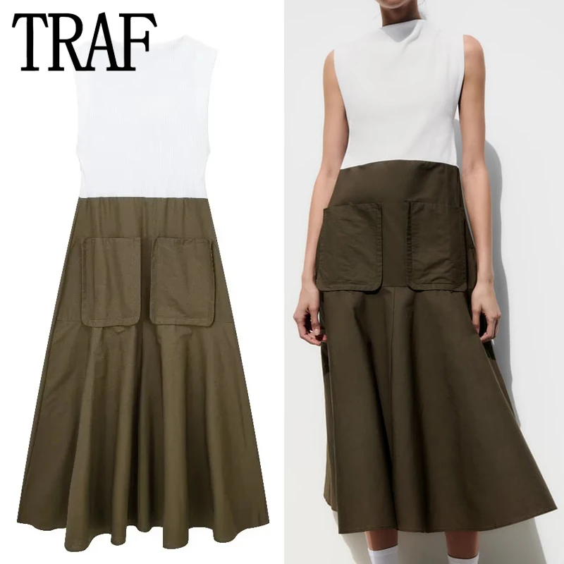 

Платье-миди женское составного кроя без рукавов с карманами