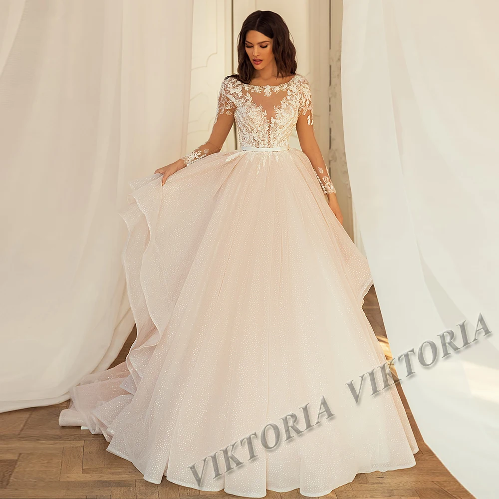 

VIKTORIA Delicate Wedding Dress Long Sleeves O-neck For Women 2023 Dotted Tulle A-LINE Appliques Vestidos De Novia Made To Order