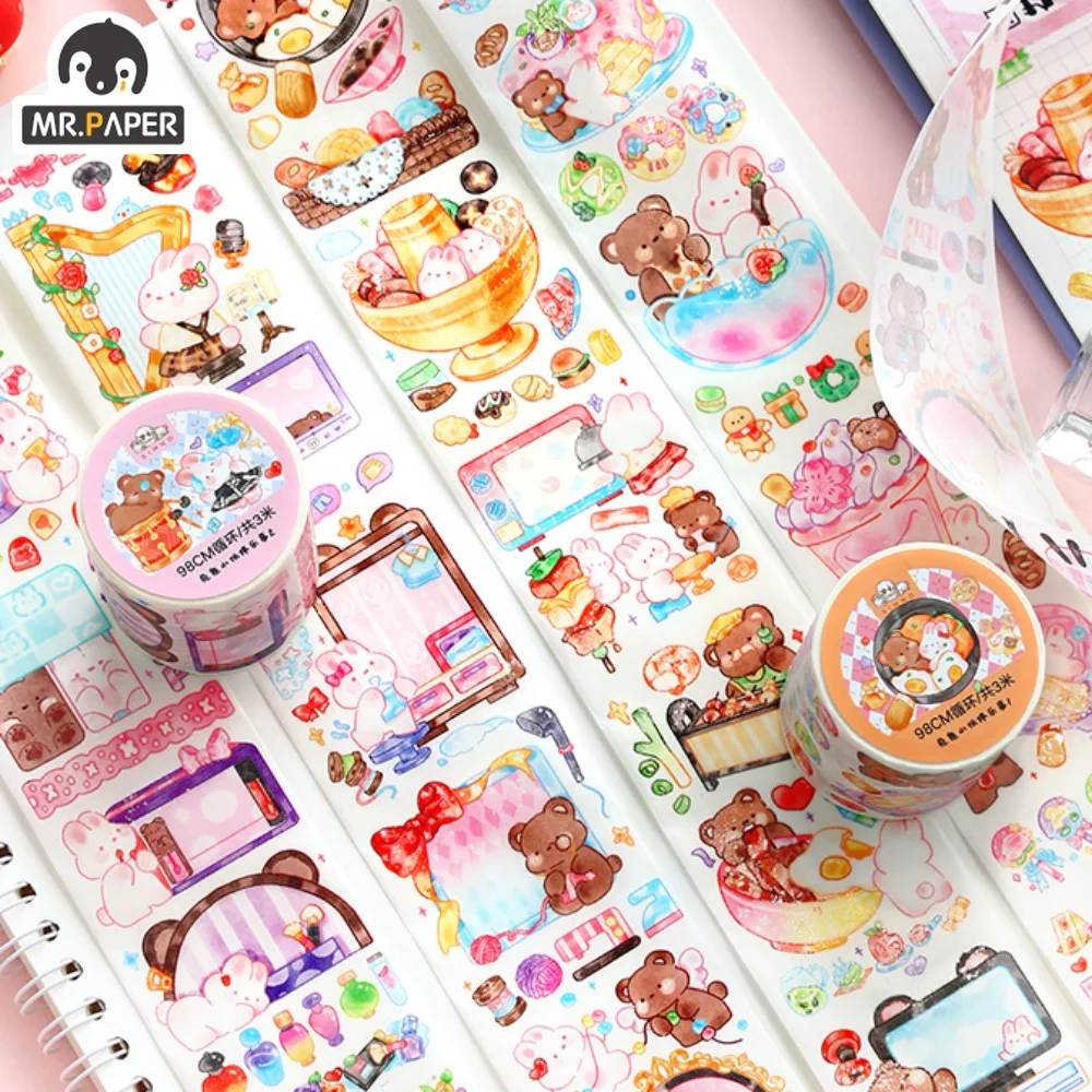 

Mr. Paper 2 Styles 300cm/roll Kawaii Animal Sticker Tape Cute Cartoon Rabbit Bear Hand Account Material Decoration Washi Tape