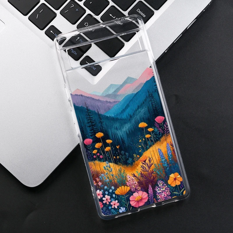 Mountain Forest Village Phone Case For Google Pixel 9 Pro XL 7A 8 6A 5G Landscape Hand Painted Clear Soft TPU Cover Fundas