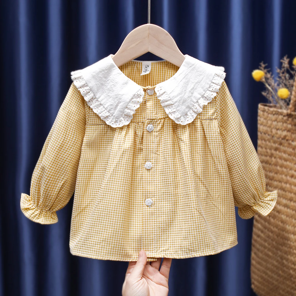 Spring Autumn Children Clothes Classic Style Girls Cute Doll Collar Loose Lattice Baby Shirt Long Sleeve Cotton Tops Blouse