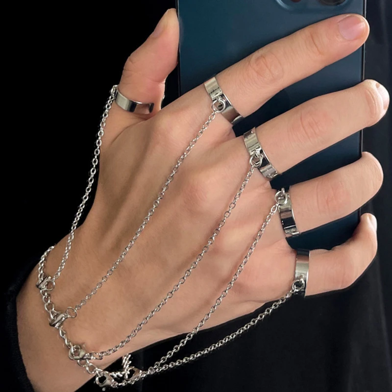 Punk Finger Wrist Chains Rings Bracelet For Men Grunge Emo A