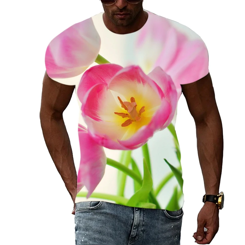 

Zomerlandschap Tulp Patroon T-shirt Herenmode Casual Trend Persoonlijkheid 3D-afdrukken T-shirt met korte mouwen