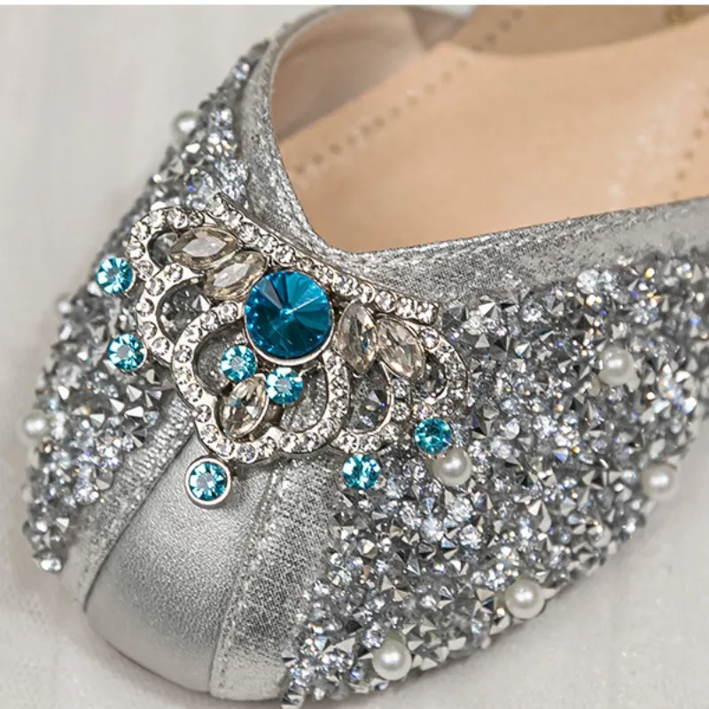 Girls' Blue Rhinestone Princess Party Shoes Children's Crown Pearl Dance Flat Shoes Children's Shiny Soft Bottom Baotou Sandals enlarge