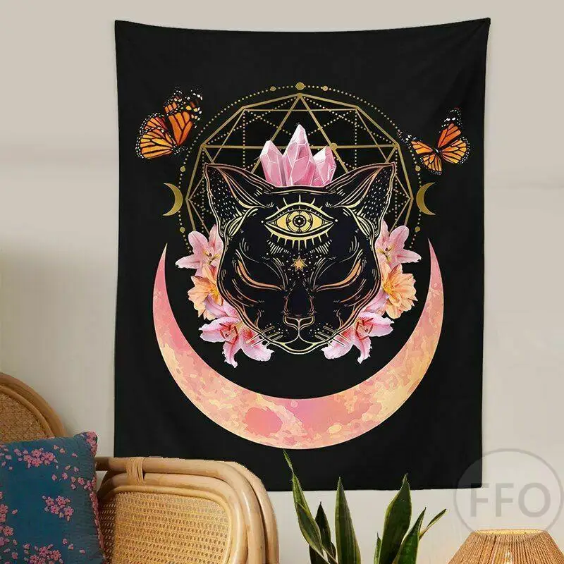 

Гобелен в стиле бохо с изображением индийской Луны, кота, настенный ботанический черный гобелен с ведьмой, гобелен для спальни, ковров для й...
