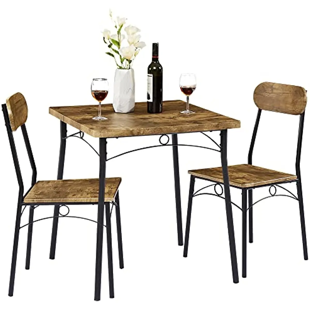 

3 Piece Dining Table Set, Metal and Wood Square Kitchen Bar Breakfast Nook, Dinette with 2 Chairs, Table&Chair for 2