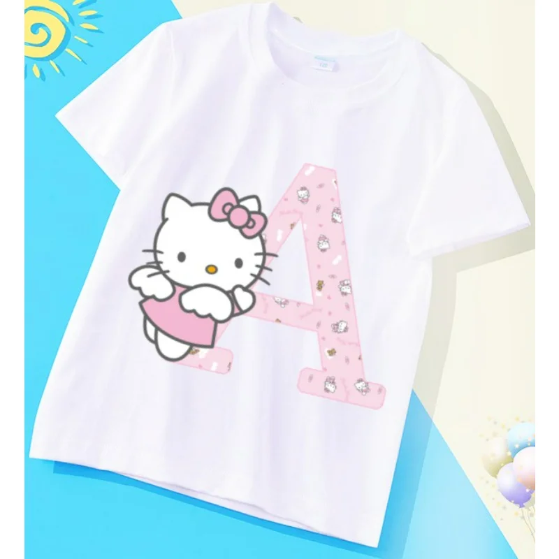 

Hello Kitty Letter A-Z Children's Short-sleeved Sanrio Summer T-shirt Cool Clothes Girly Heart Soft Clothes Kawaii Birthday Gift