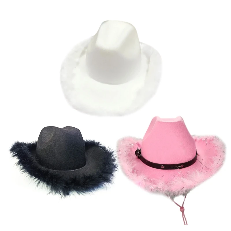 

Модная фетровая шляпа Cowgirl с широкими полями из перьев и мишуры, ковбойская шляпа DXAA