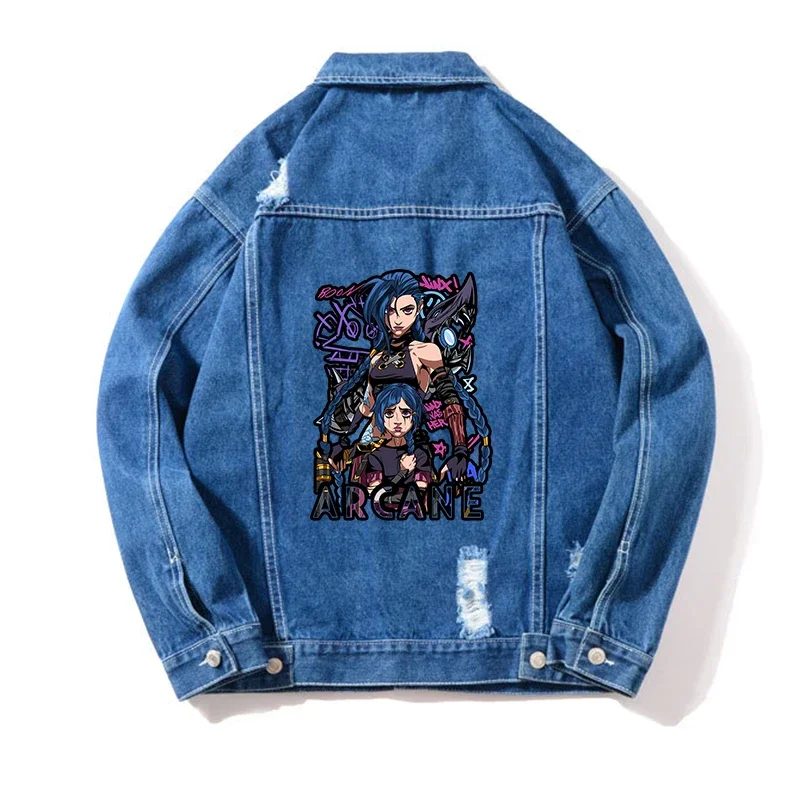 Anime Figure Arcane Jinx Denim Jacket Men WOMEN Vintage Jean Coats Streetwear Outerwear Cotton Bomber