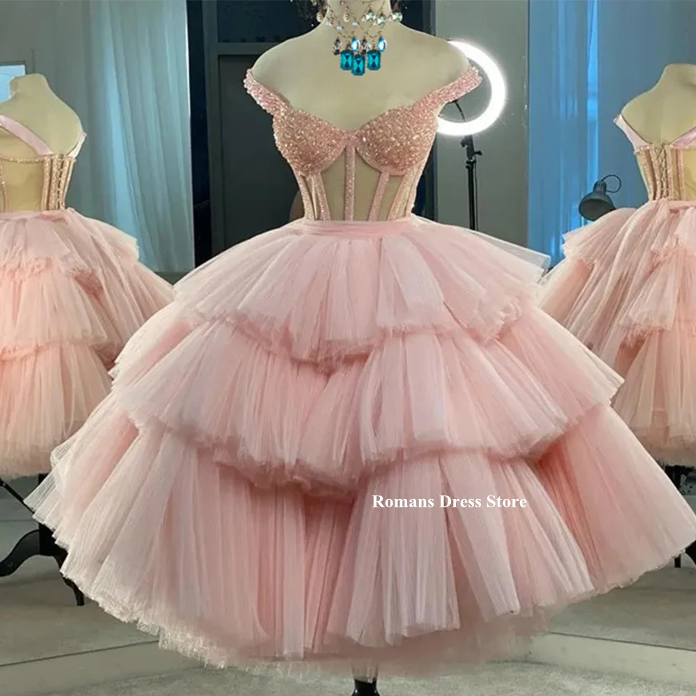 

Romans Off the Shoulder Tiered Homecoming Dresses 2023 Tea-Length Party Dresses for Girls Audience Age 18-24 Pink Womens dresses