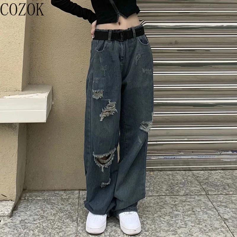 Retro Tattered Jeans Jeans Women's Summer Thin High Waist Loose Wide Leg Pants High Street Jeans Woman  Baggy Jeans