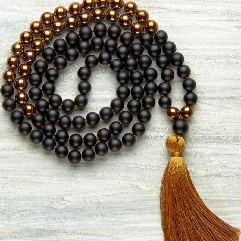

Matte Black Onyx & Gold Hematite Beaded Mala Necklace WOmen Men Hand knotted Blessing Jewelry Japamala Meditation Beads Necklace