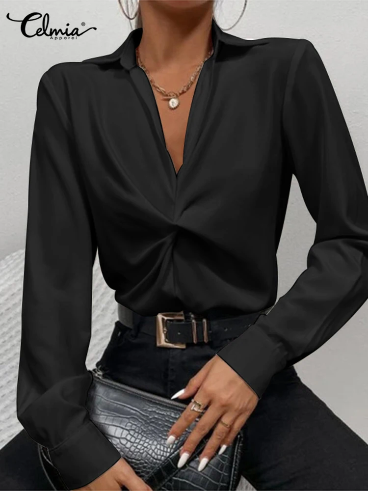 

Celmia Casual Loose Solid Satin Blusas Women Twisted Lapel Shirt Elegant Long Sleeve Tops Summer 2022 Fashion Knot Design Blouse