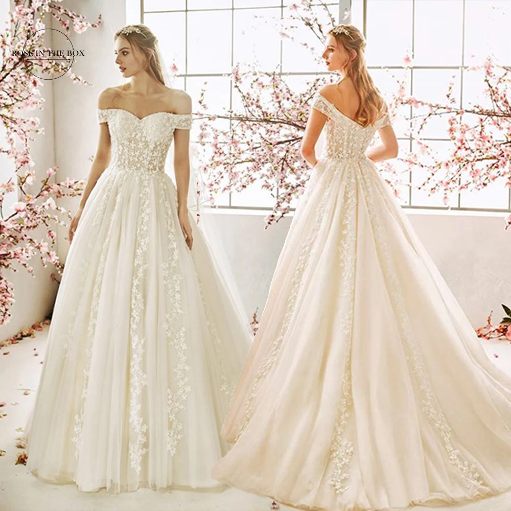

Designer Princess Wedding Dresses For Women 2022 Off Shoulder Appliques Sweep Train Tulle Bridal Gowns Custom Robe De Marié