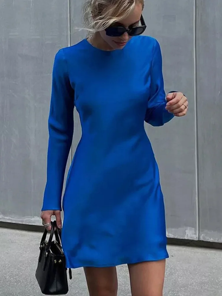 

Pokiha Autumn Blue Satin Mini Dress Ladies Fashion O-Neck Long Sleeve Bodycon Dress Elegant Slim Classic Dresses For Women 2022