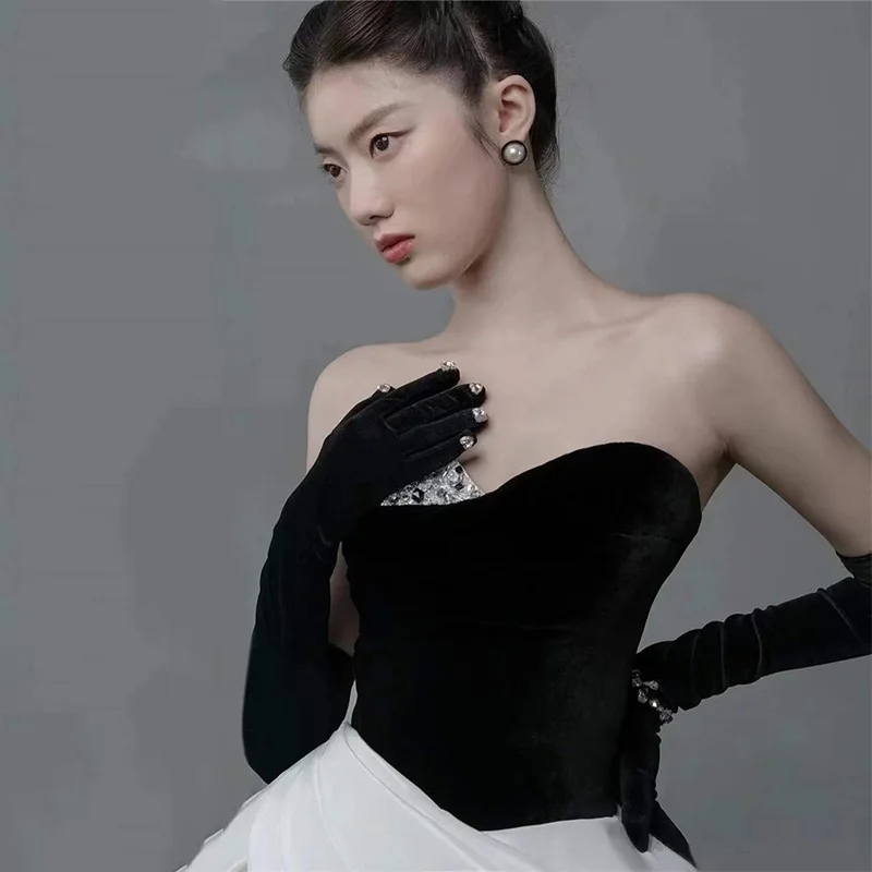 Elegant Princess Engagement Formal Evening Dress Strapless Sleeveless Court Train Satin with Slit Splicing robes de soirée