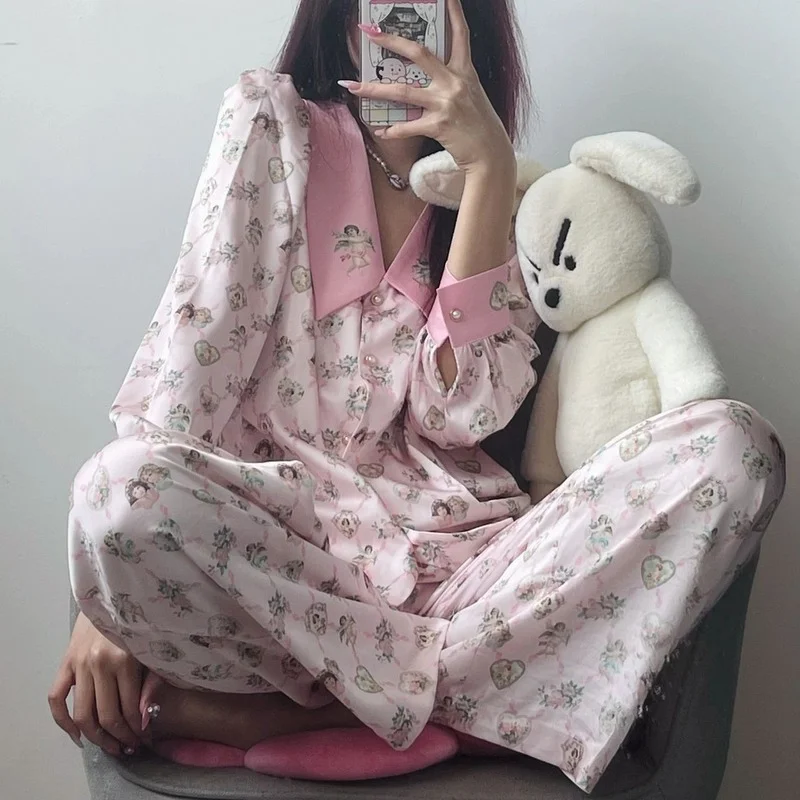 QWEEK Sweet Heart Trouser Suits Angel Print Women's Pajamas Satin Cardigan Designer Clothes Luxury Sleepwear Summer Loungewear