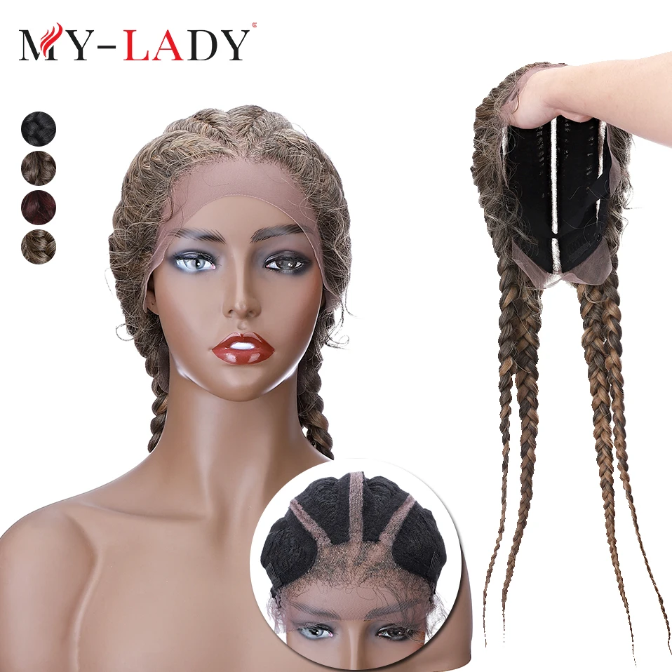 My-Lady Synthetic 27inches Dutch Braids Wig With Baby Hair For Black Female People Lace Front Wigs Frontal Box Braid Hair