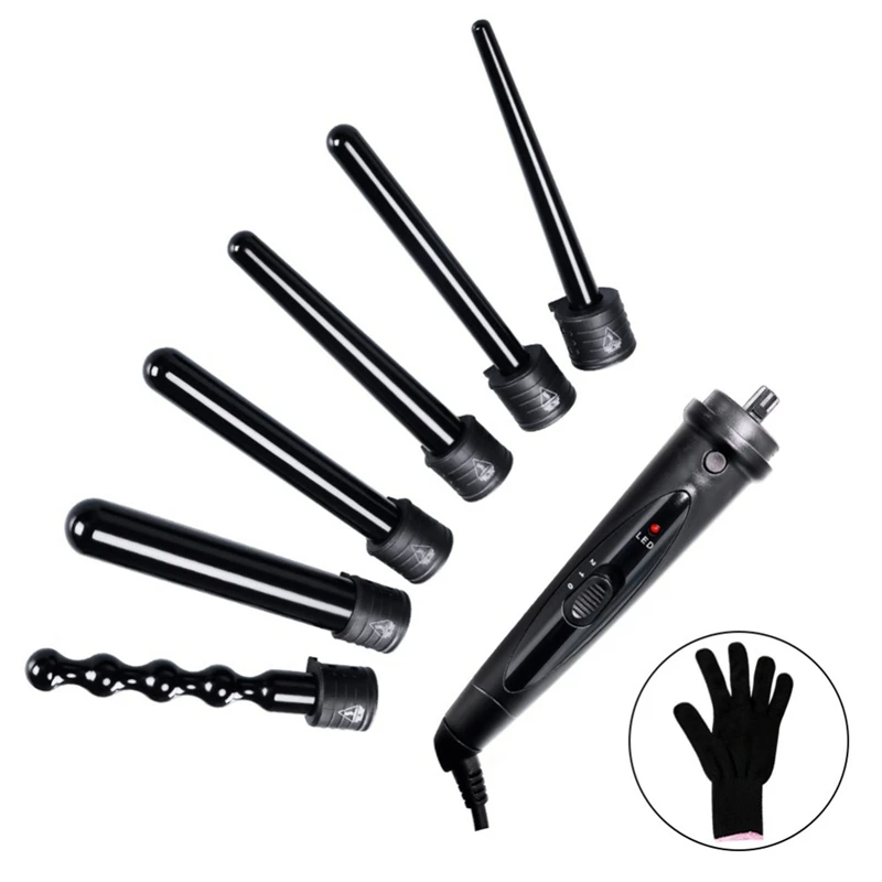 

6-in-1 Curling Iron Set Adjustable Temperature Hair Curler Roller With Heat Resistant Glove Wet And Dry Hair Styling Tool