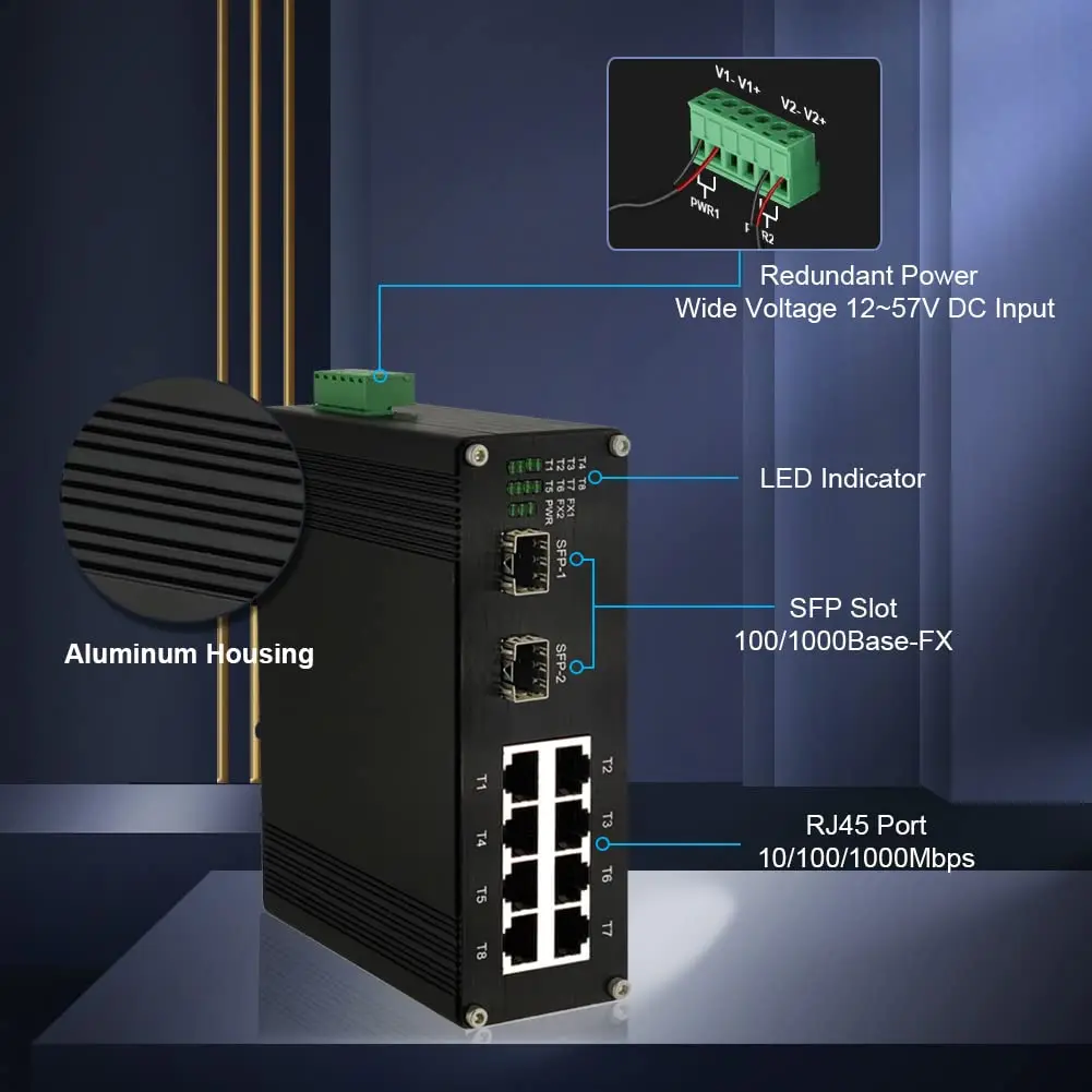 Industrial 8 port switch with 2 sfp,8GE+2SFP Gigabit Switch,POE Optional,8 Port Gigabit Ethernet Switch DIN Rail Mount,IP40,