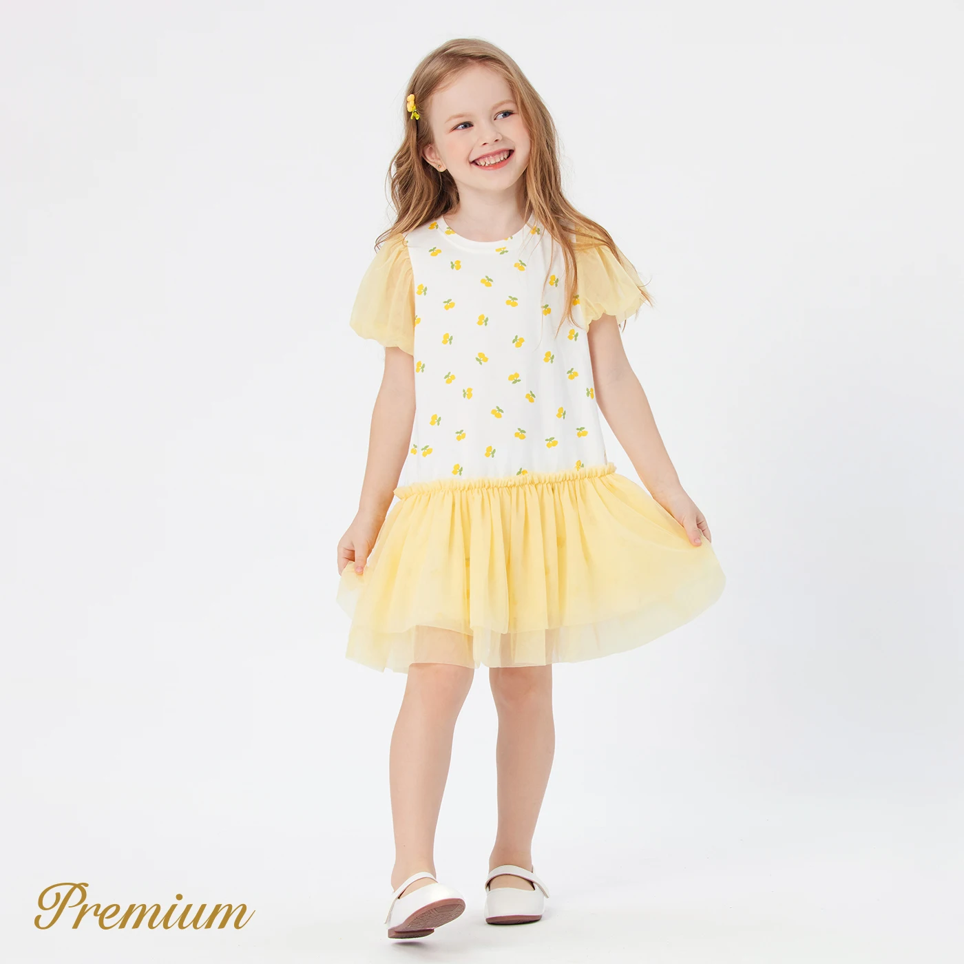 

PatPat Toddler Girl Cotton Allover Lemon Print Puff-sleeve Spliced Mesh Dress