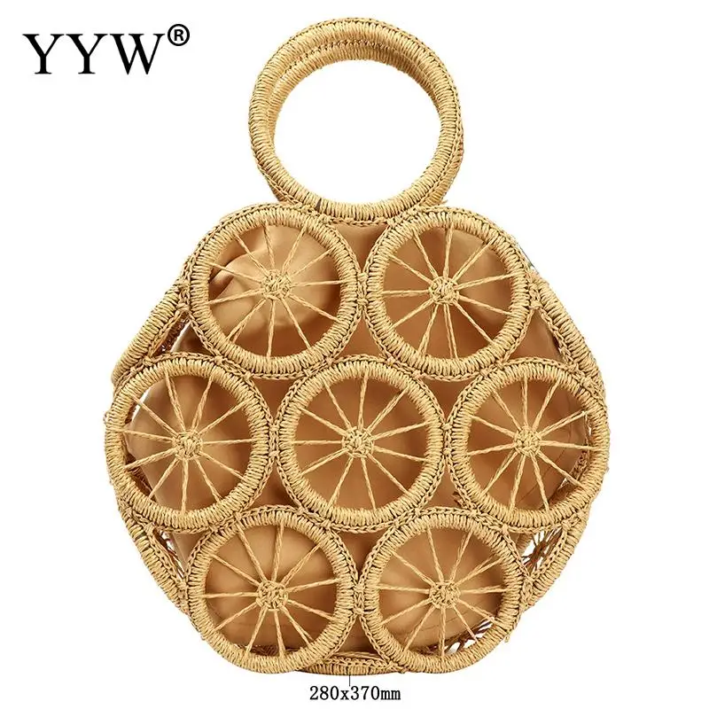 Round Lemon Pattern Tote Handbag INS Trendly Summer Women Wheat Straw Soft Hollow Storage Bag Paper Rope Handmade Lady Purse