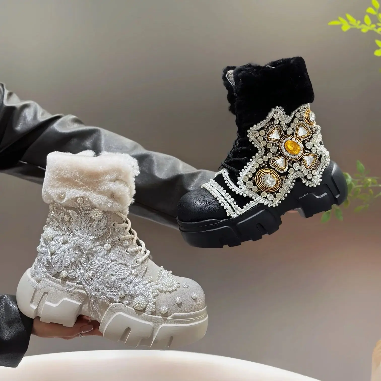 Зимние женские теплые зимние ботинки на меху туфли высоком каблуке и платформе с