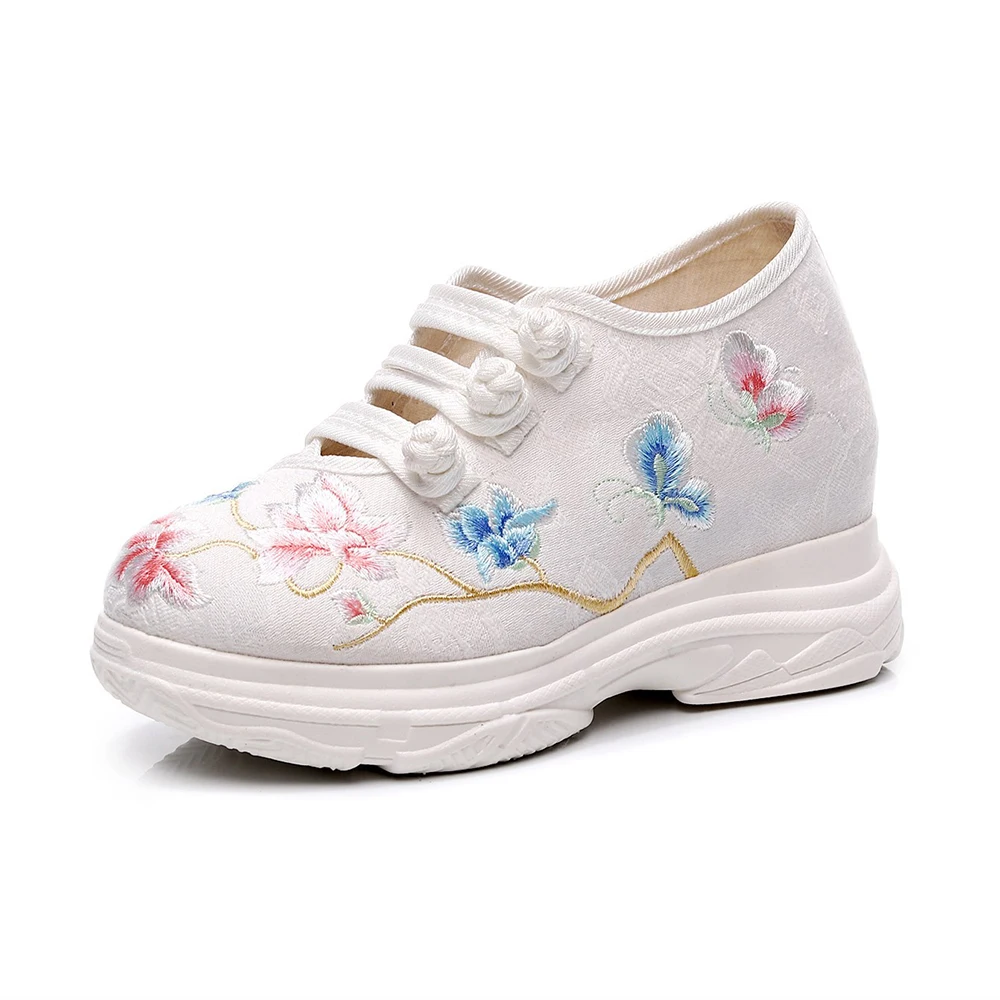 

YRZP Ladies Comfortable Casual Heightened Dad Shoes with Buckles Flower Embroidered Women White Cotton Fabric Clunky Sneakers