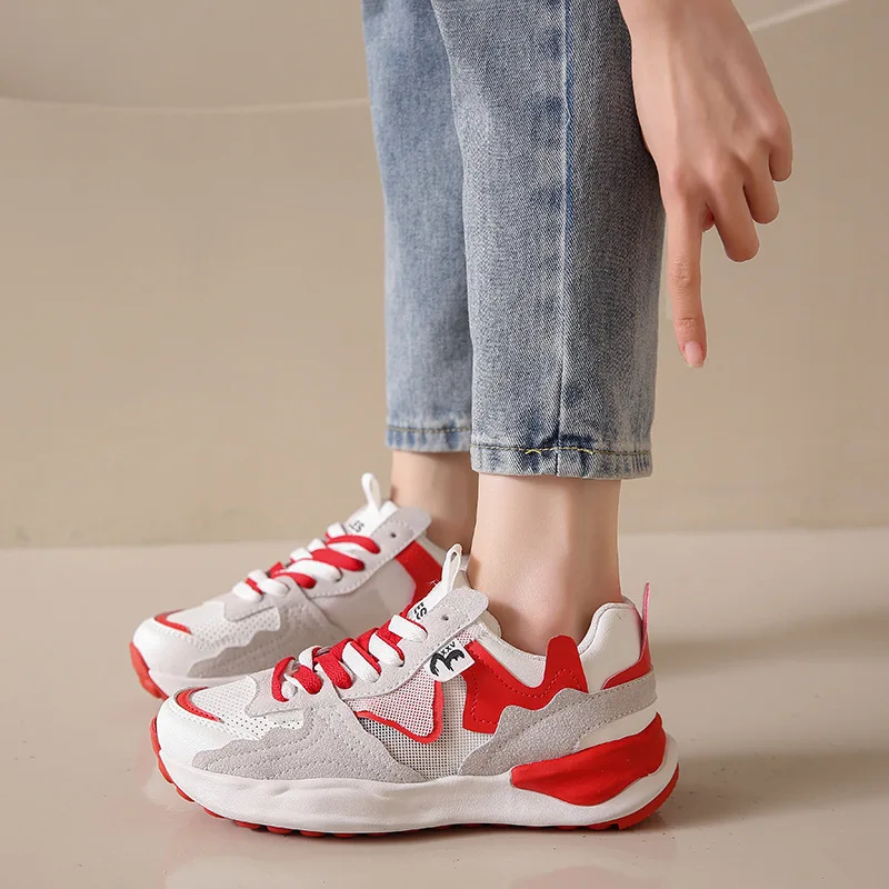 

Fashion New Women's Leather Round Toe Flat Shoes Lace-up Mixed Color Sports Shoes Cow Leather Shoes Women's Fashion Casual Shoes