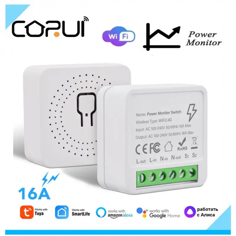 

Умный миниатюрный таймер CORUI16A Tuya с Wi-Fi для мониторинга электроэнергии, модуль переключателя с поддержкой двухстороннего управления Alexa Google ...