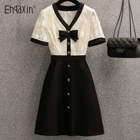 ehqaxin 2022 summer ladies dress fashion new french v neck lace contrast color stitching bow high waist a line dress women l 5xl