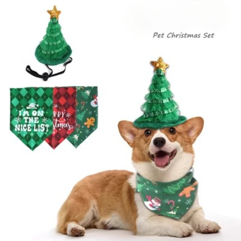 

Christmas Pet Dog Dress Up Set Xmas Tree Hat Elk Snowman Triangle Scarf Cats Christmas Headwear Neckerchief Bow Ties for Dogs