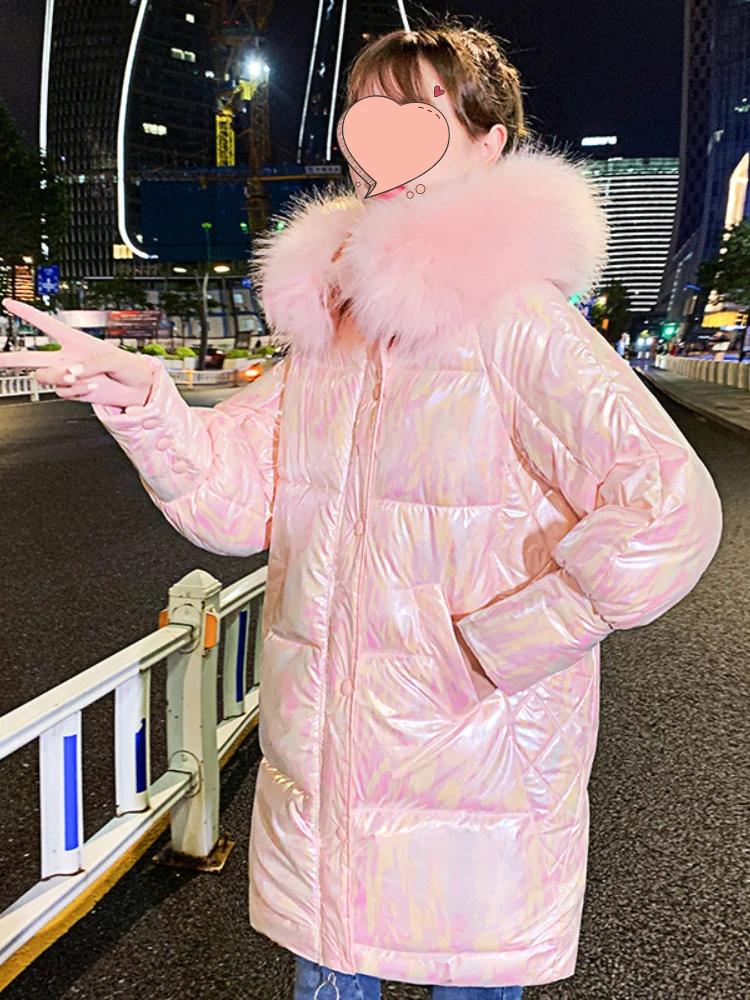 

Women's Jacket Winter New Bright Fashion Korean Style Mid Length Bread Jacket Thick Warm Loose Hooded Parkas Winter Coat Women