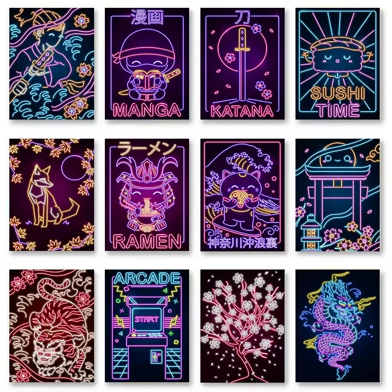 Fujisan Неоновый Художественный Постер Японская Манга Мультфильм Настенный Холст