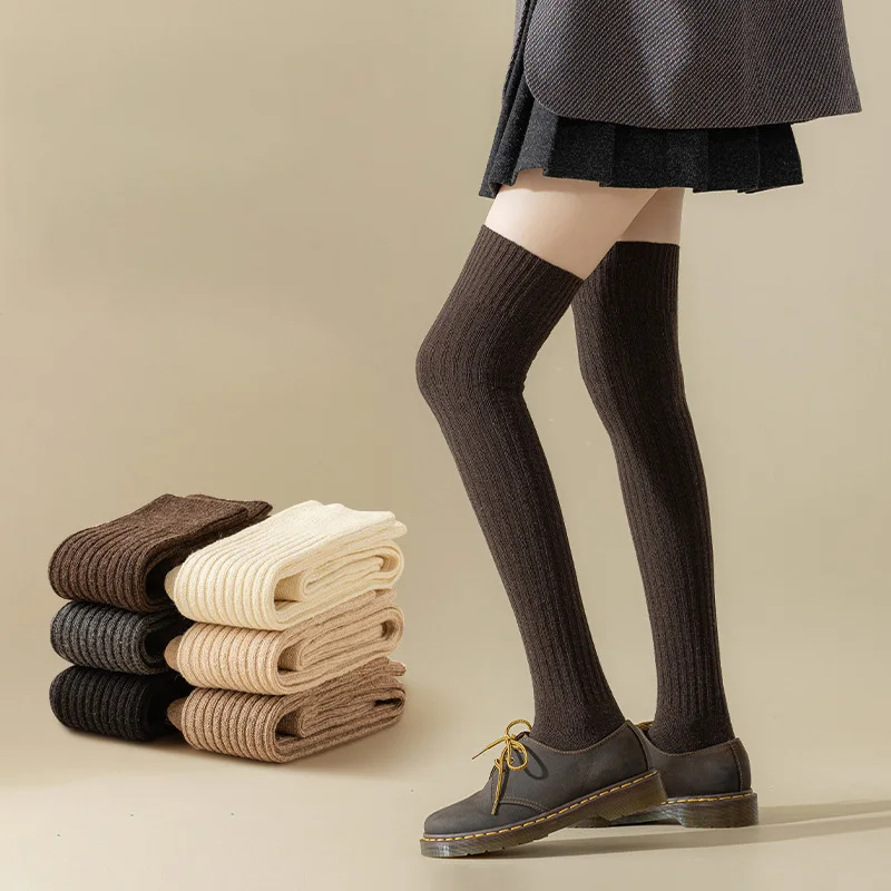 

Solid Wool Long Stocking Women JK Over Knee Socks Thigh Winter Thick Stockings Female High Qulaity Dress Calcetine Medias
